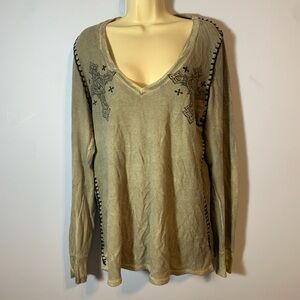 Affliction v neck waffle thermal long sleeve tee XL grey black cross stitching